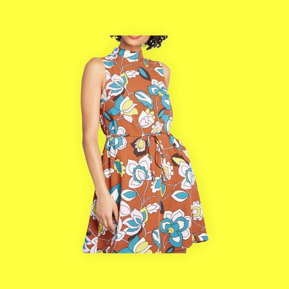 Modcloth In with excitement brown mock neck retro floral shift dress mini sz XXS - Picture 1 of 5